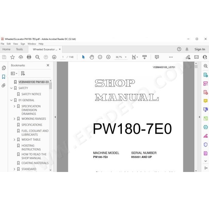 Komatsu Wheeled Excavator PW180-7E0 service & repair manual