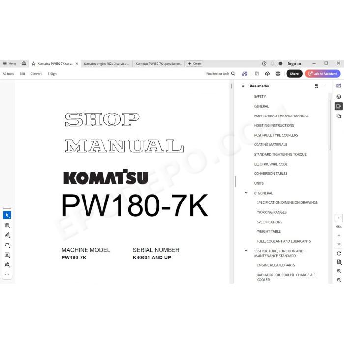 Komatsu Wheeled Excavator PW180-7K service & repair manual