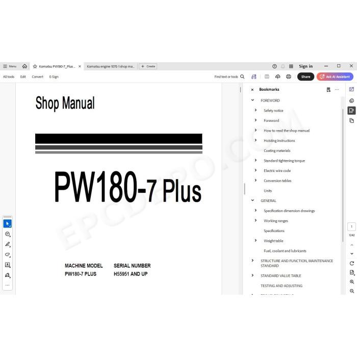 Komatsu Wheeled Excavator PW180-7 Plus service & repair manual