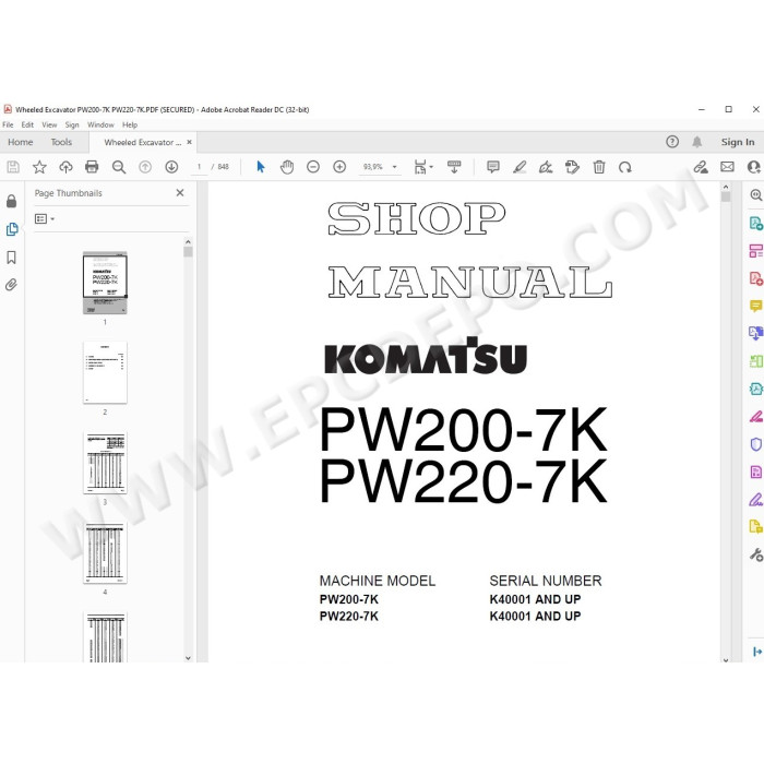 Komatsu Wheeled Excavator PW200-7K PW220-7K workshop service manual