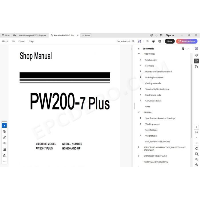 Komatsu Wheeled Excavator PW200-7 Plus service & repair manual