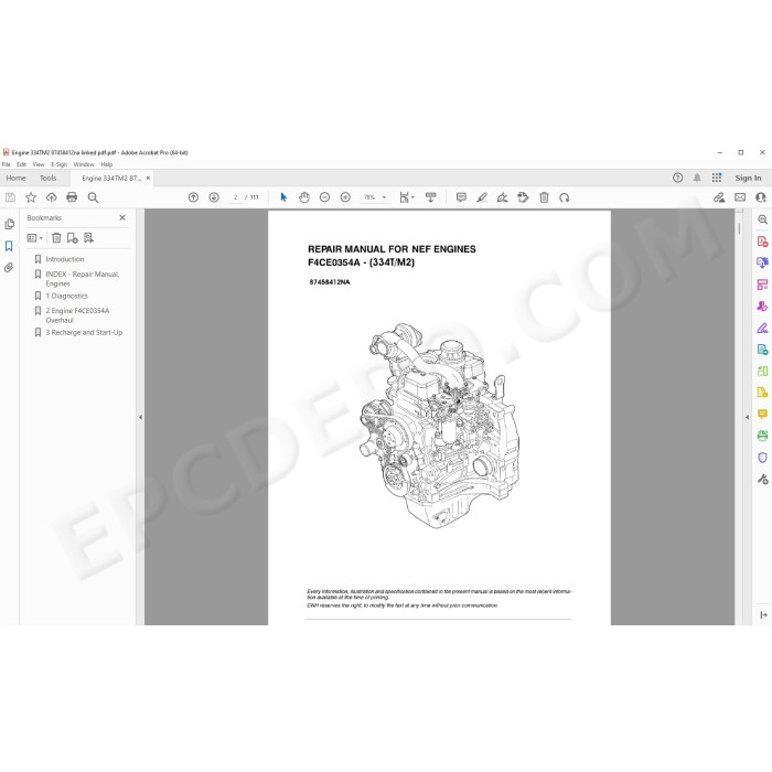 New Holland Engine 334T/M2 F4CE0354A service & repair manual