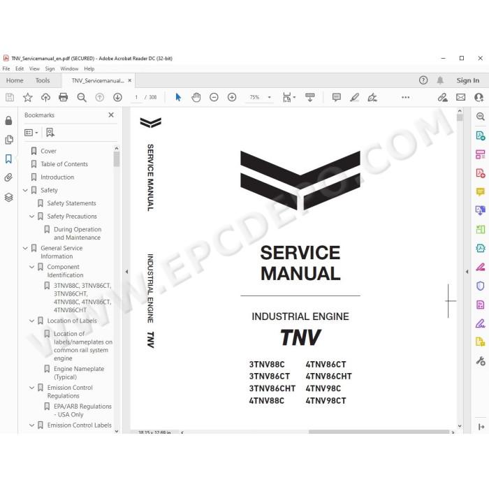 Yanmar Industrial Engines 3TNV88 3TNV86 4TNV88 4TNV86 4TNV98 Tier 4 service manual