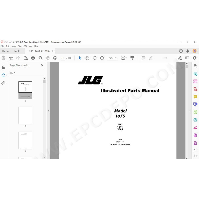 JLG Telehandler 1075 spare parts manual