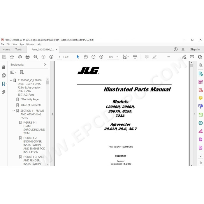 JLG Telehandler 3507 3507H spare parts manual