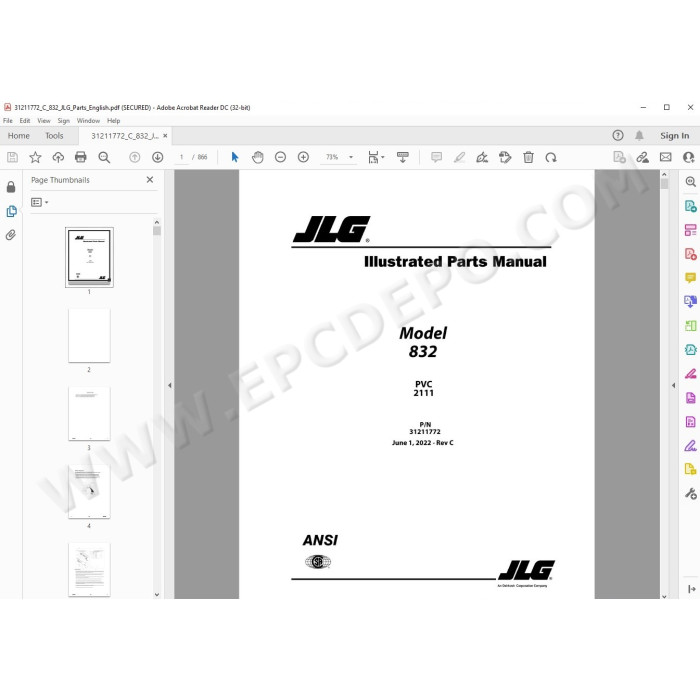 JLG Telehandler 832 spare parts manual