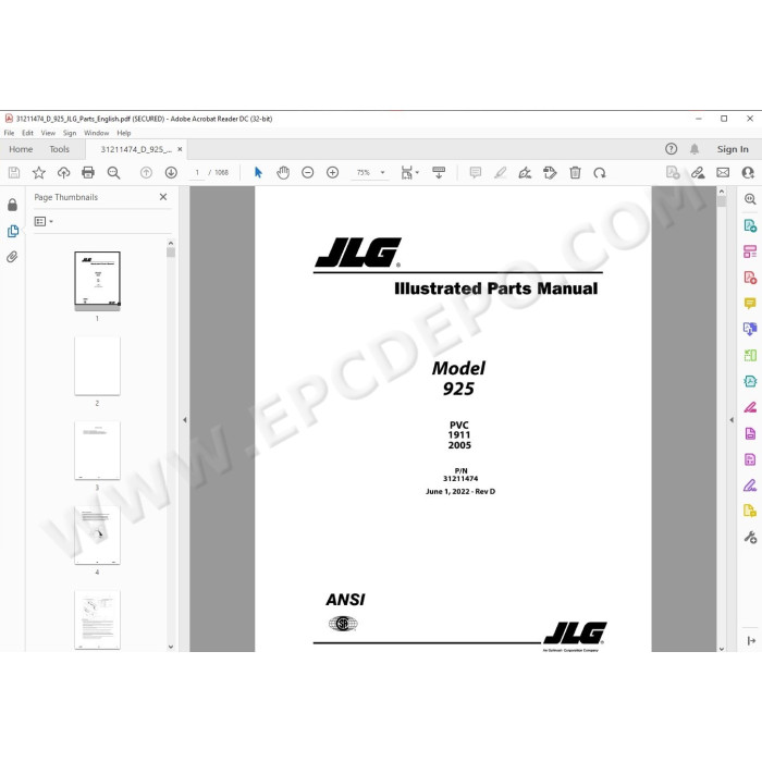 JLG Telehandler 925 spare parts manual