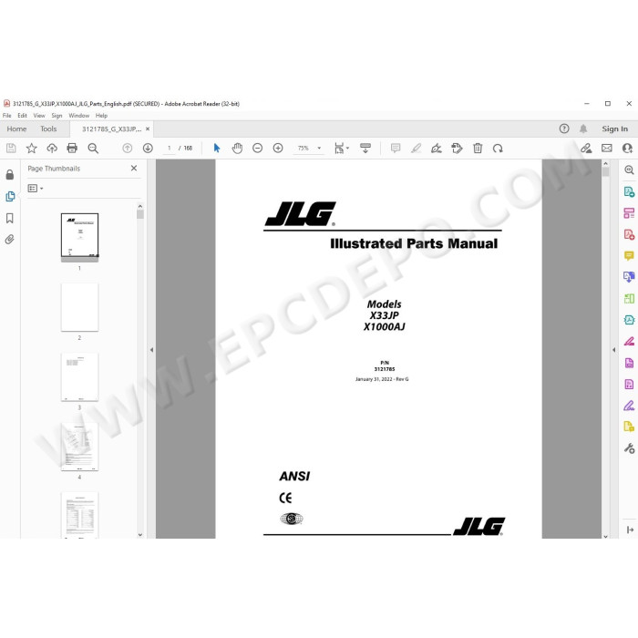 JLG Compact Crawler Boom X1000AJ spare parts manual