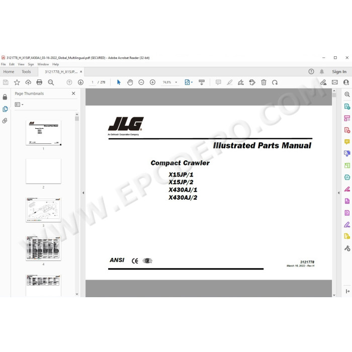 JLG Compact Crawler Boom X15JP spare parts manual