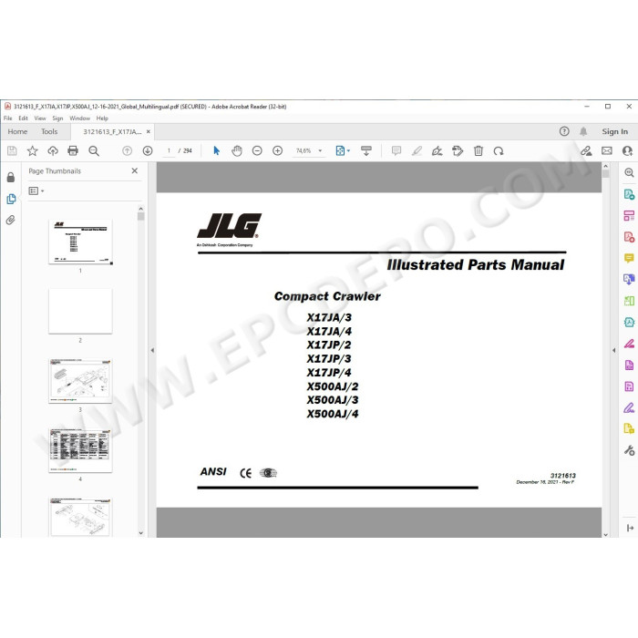 JLG Compact Crawler Boom X17JP spare parts manual