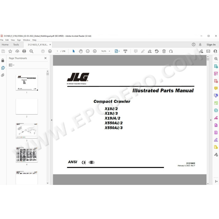 JLG Compact Crawler Boom X19J spare parts manual