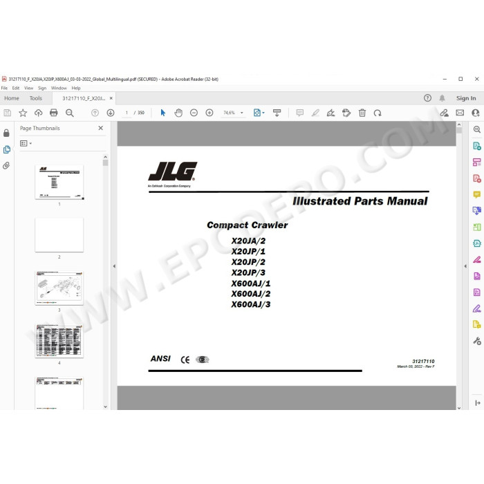 JLG Compact Crawler Boom X20JP spare parts manual