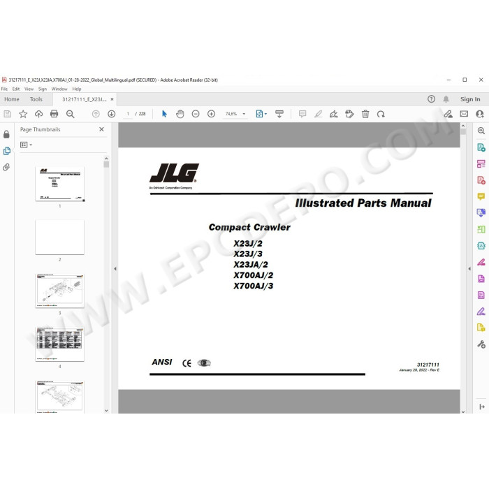 JLG Compact Crawler Boom X23J spare parts manual