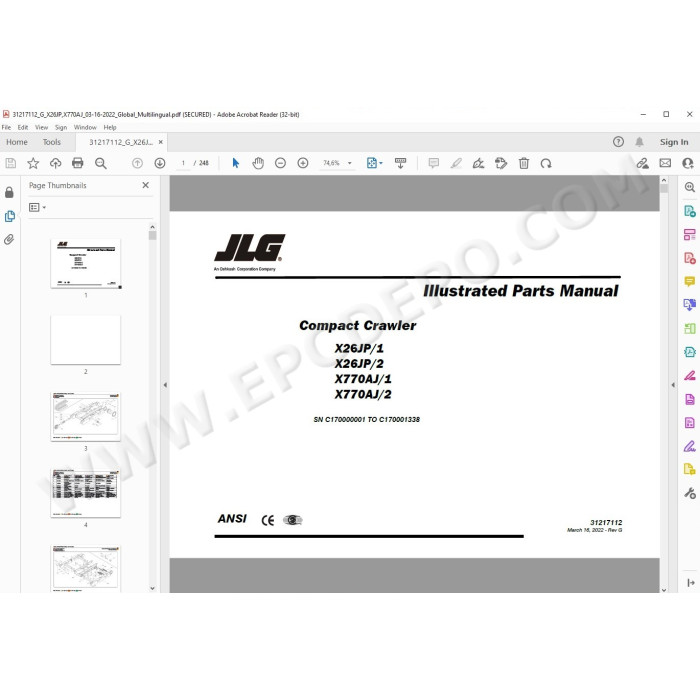 JLG Compact Crawler Boom X26JP spare parts manual