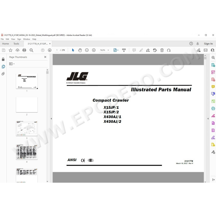 JLG Compact Crawler Boom X430AJ spare parts manual