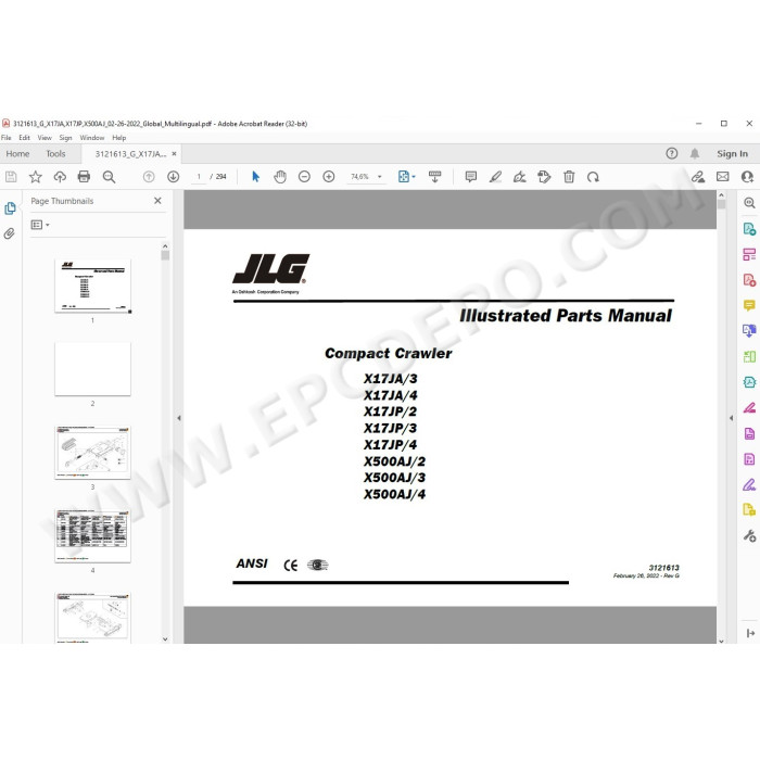JLG Compact Crawler Boom X500AJ spare parts manual
