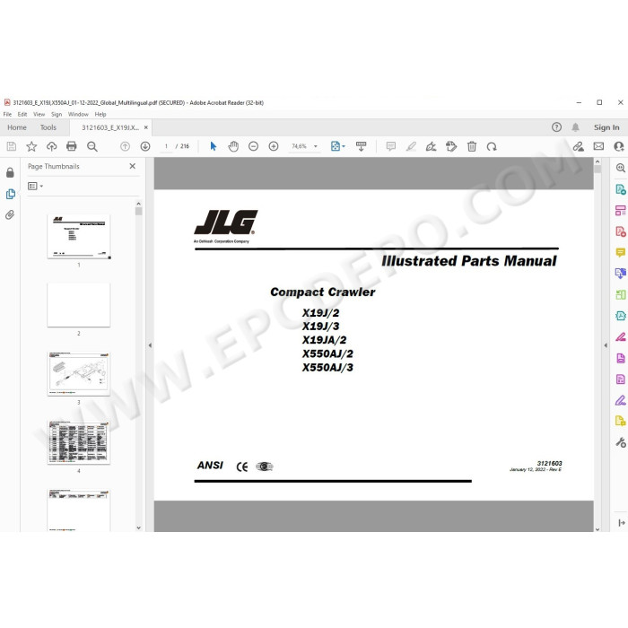 JLG Compact Crawler Boom X550AJ spare parts manual