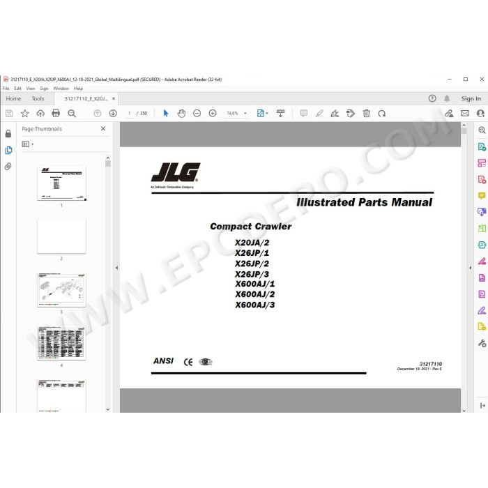 JLG Compact Crawler Boom X600AJ spare parts manual