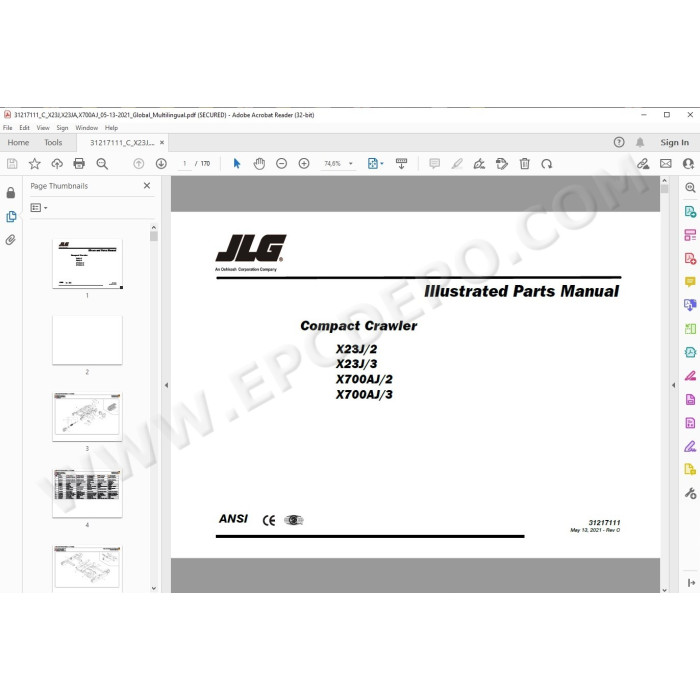 JLG Compact Crawler Boom X700AJ spare parts manual