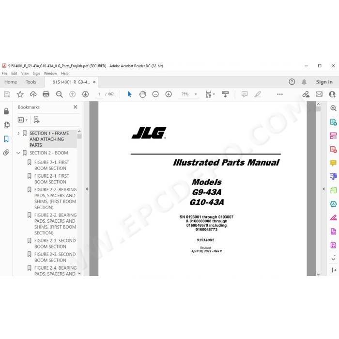 JLG Telehandler G10-43A spare parts manual