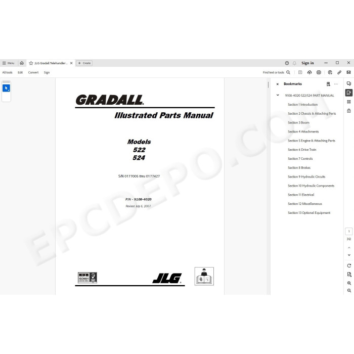JLG Gradall Telehandler 522 524 spare parts manual