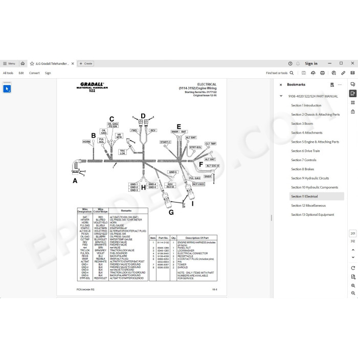 JLG Gradall Telehandler 522 524 spare parts manual