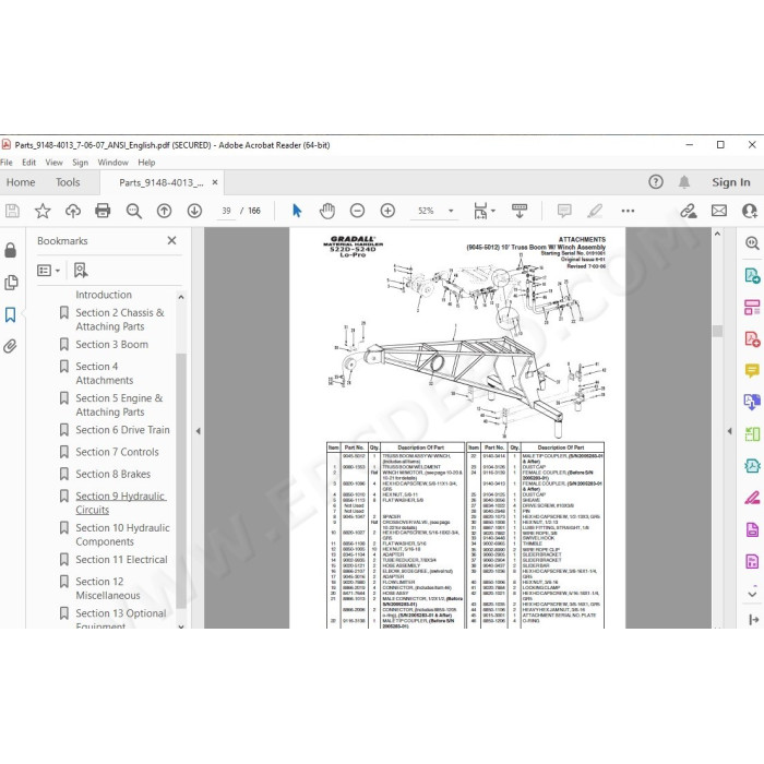 JLG Gradall Telehandler 522D 524D LoPro spare parts manual