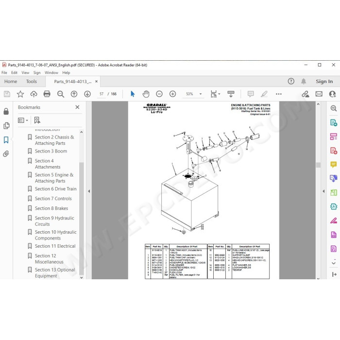 JLG Gradall Telehandler 522D 524D LoPro spare parts manual