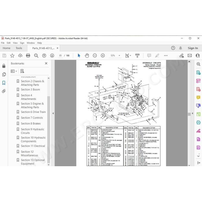 JLG Gradall Telehandler 522D 524D LoPro spare parts manual