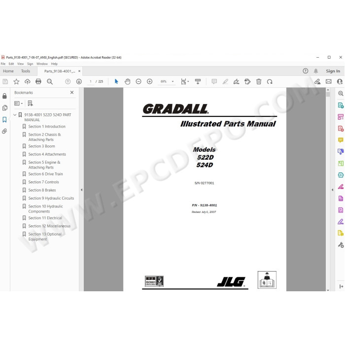 JLG Gradall Telehandler 522D 524D spare parts manual