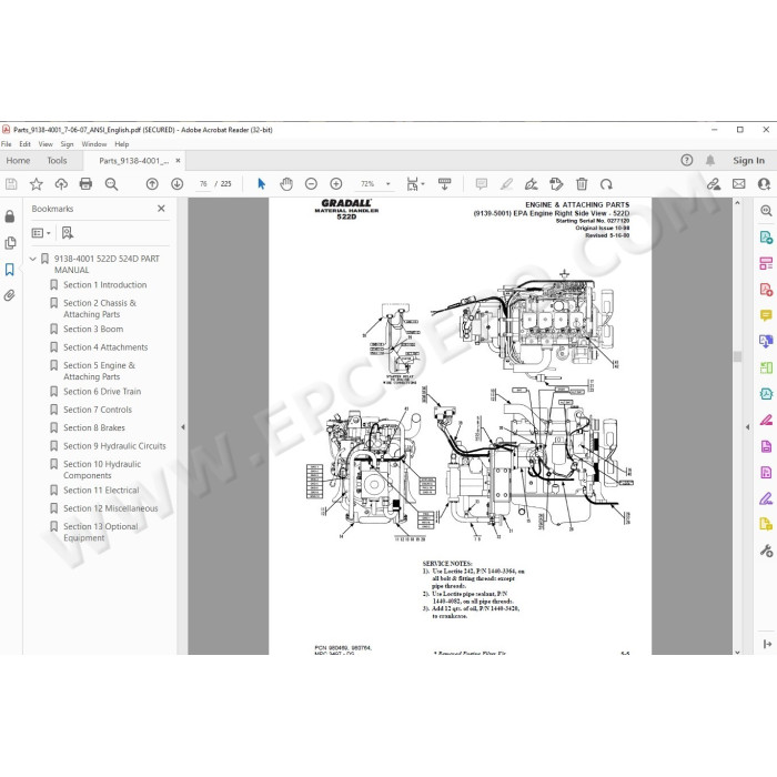 JLG Gradall Telehandler 522D 524D spare parts manual