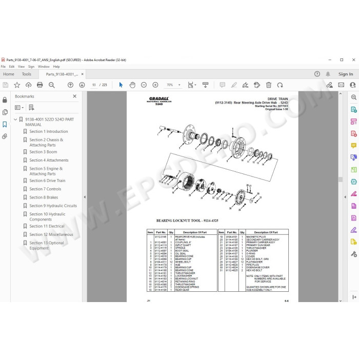 JLG Gradall Telehandler 522D 524D spare parts manual