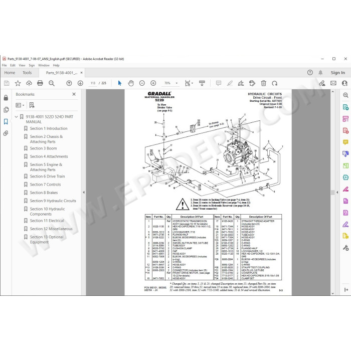 JLG Gradall Telehandler 522D 524D spare parts manual