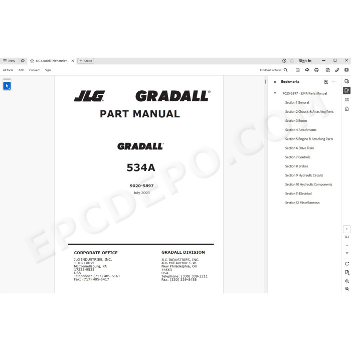 JLG Gradall Telehandler 534A spare parts manual