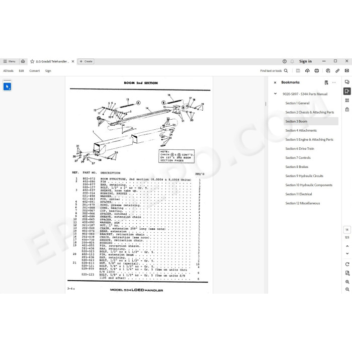 JLG Gradall Telehandler 534A spare parts manual
