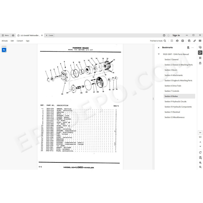 JLG Gradall Telehandler 534A spare parts manual