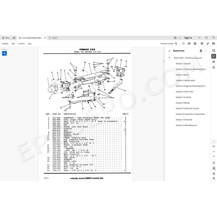 JLG Gradall Telehandler 534A spare parts manual