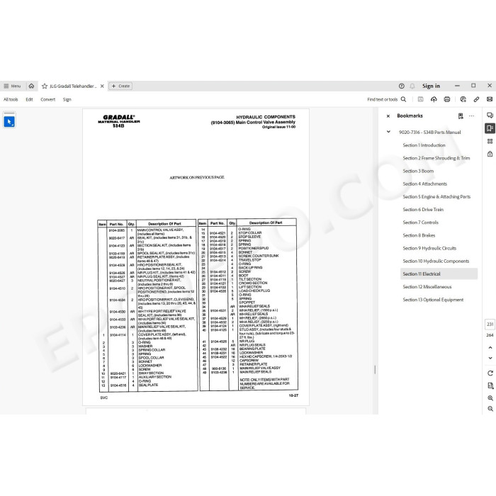 JLG Gradall Telehandler 534B-6 534B-8 spare parts manual