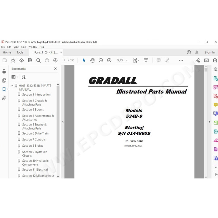 JLG Gradall Telehandler 534B-9 spare parts manual