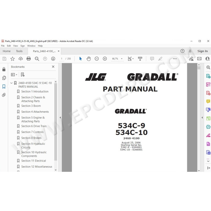 JLG Gradall Telehandler 534C-9 534C-10 spare parts manual