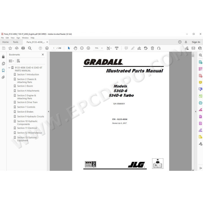 JLG Gradall Telehandler 534D-6 534D-6T spare parts manual