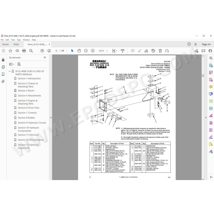 JLG Gradall Telehandler 534D-6 534D-6T spare parts manual