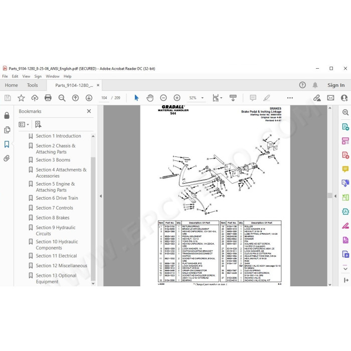 JLG Gradall Telehandler 544 spare parts manual