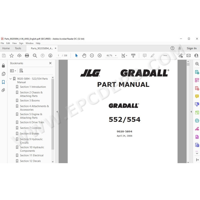 JLG Gradall Telehandler 552 554 spare parts manual