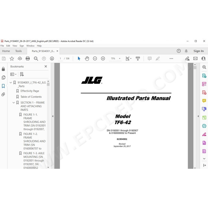 JLG Telehandler TF6-42 spare parts manual