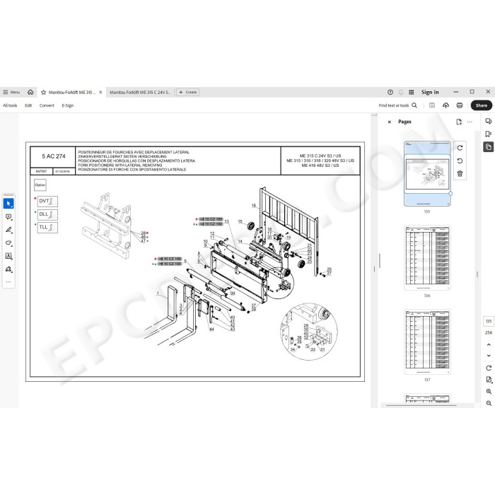 Manitou Forklift ME 315 C 24V Serie 3 spare parts manual
