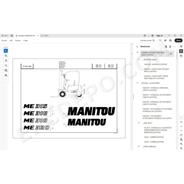 Manitou Forklift ME 315 316 318 320 spare parts manual