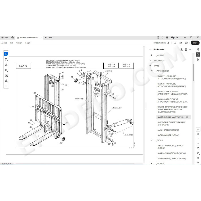 Manitou Forklift ME 315 316 318 320 spare parts manual