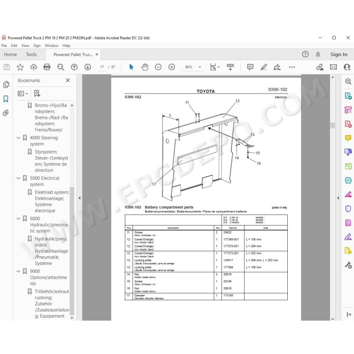 Toyota Pallet Truck 2PLL 2PM 2PML 7PLL 7PM PM14 PM16 PM20 spare parts manuals