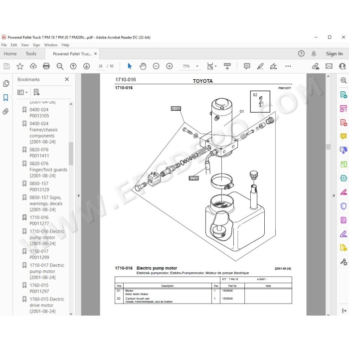 Toyota Pallet Truck 2PLL 2PM 2PML 7PLL 7PM PM14 PM16 PM20 spare parts manuals